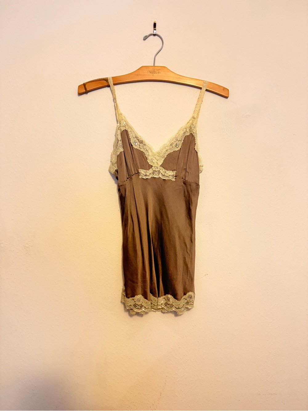 Silk-Feel Brown Chemise with Cream Lace Trim